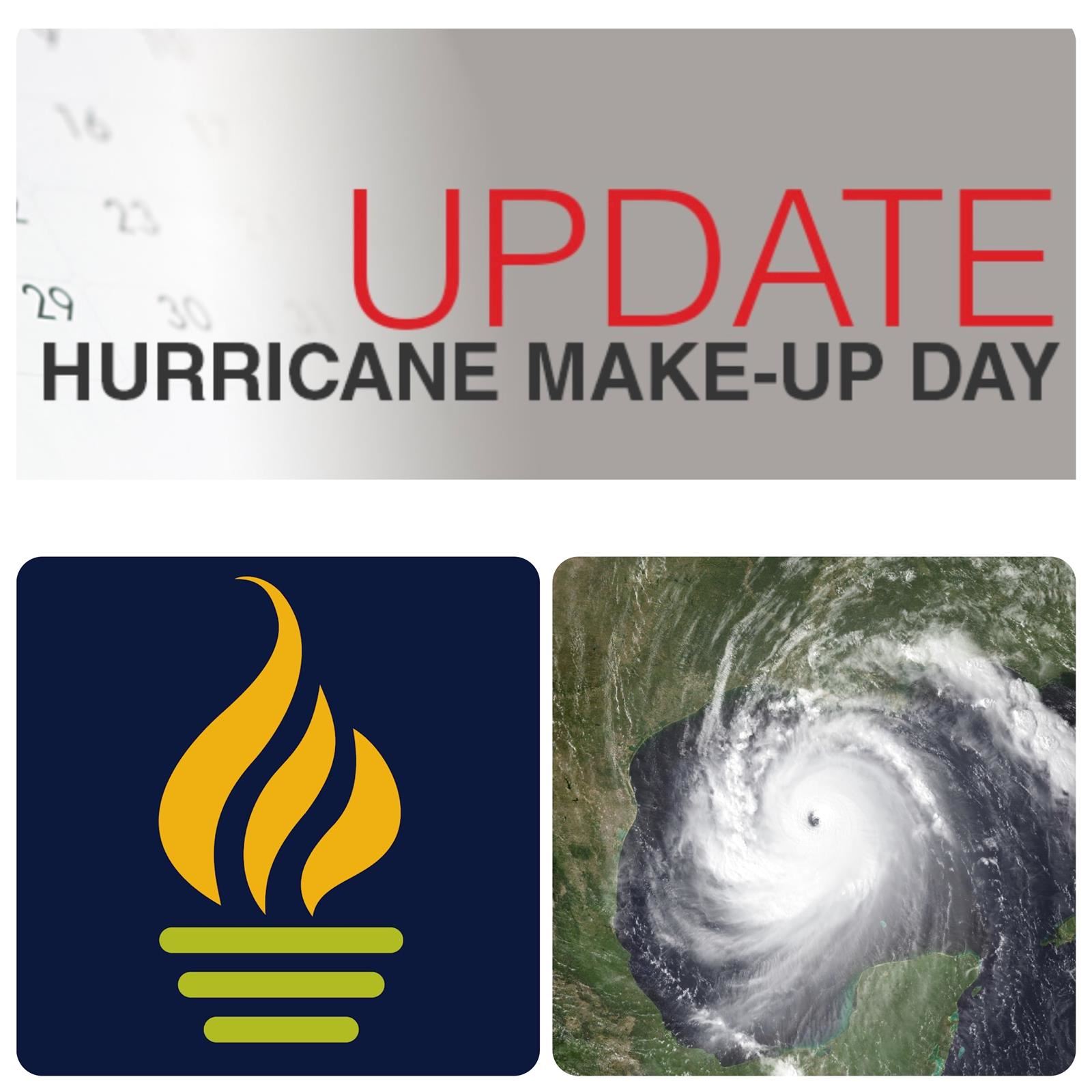  An image with a hurricane on a map and text of hurricane makeup day