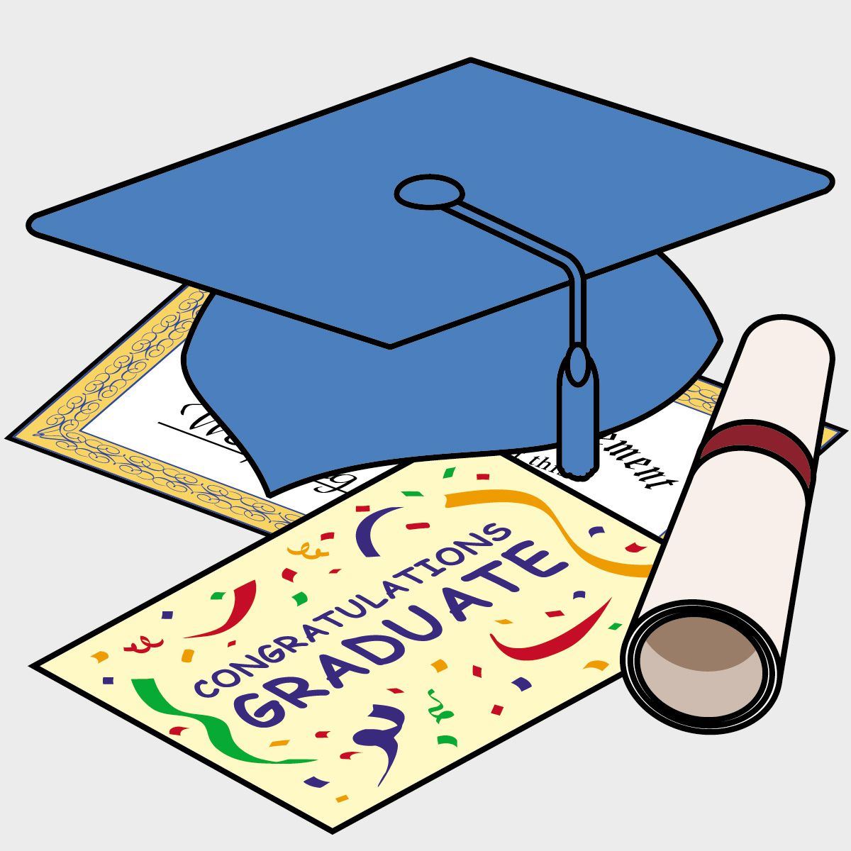  An image of a blue graduation mortar, white rolled up diploma and yellow congratulations certificat
