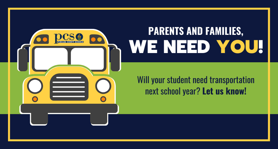  An image of the front of a school bus asking families to complete a survey