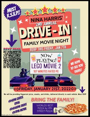Flyer for Nina Harris' 2nd annual title I drive in movie night