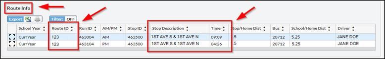 Once you’ve accessed the Transportation page you will be able to view your student’s Route Info.