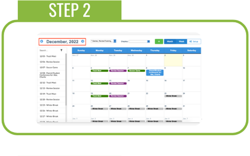 The current month and year is automatically displayed. To switch to a different month, click the left or right arrows.