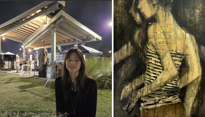  Student at art show with artwork