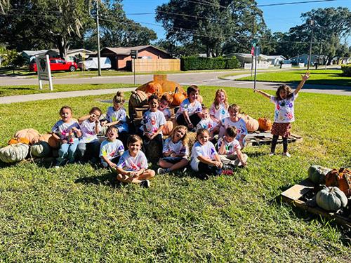 San Jose Elementary Kindergarten students in a pumpkins patch.