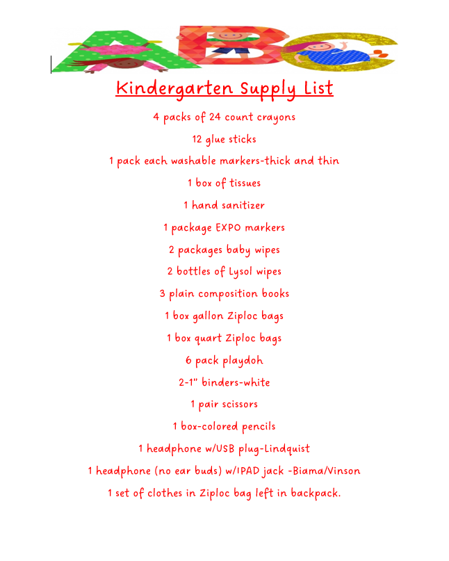 Kindergarten Supply List