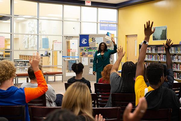 St. Petersburg College President Dr. Tonjua Williams spoke to about 65 Boca Ciega High students in the school’s library on Friday as part of the College and Career Center’s Career Corners Series and celebration of Black History Month.