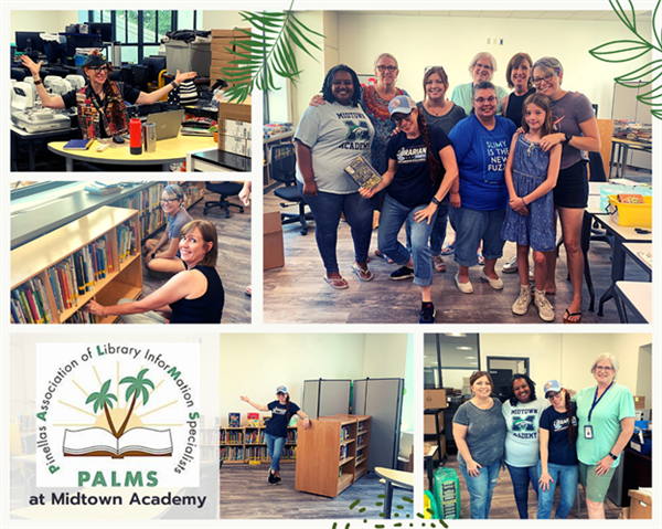 Members of PALMS gathered to support Midtown Academy with rebuilding the school’s library. Midtown Academy Principal Keila Victor and Library Media Technology Specialist Meredith Myers expressed appreciation that their students will soon be able to check out books.
