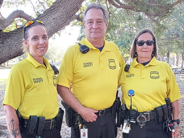 Officer Jessica Dickerson, Walsingham Elementary, Officer James Slaton, Enterprise Village, and Officer Libby Burch, Southern Oak Elementary, work to keep our schools, students & staff safe daily.