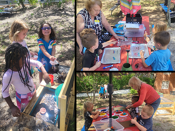 The San Jose Elementary outdoor classroom comes to life as kindergarten students engage in learning centers with teachers and volunteers facilitating STEM challenges, science exploration, building, writing, creating and more.