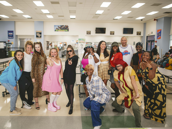 Azalea Middle 7th grade staff dressed in 90’s outfits and 8th grade staff as students for Halloween.