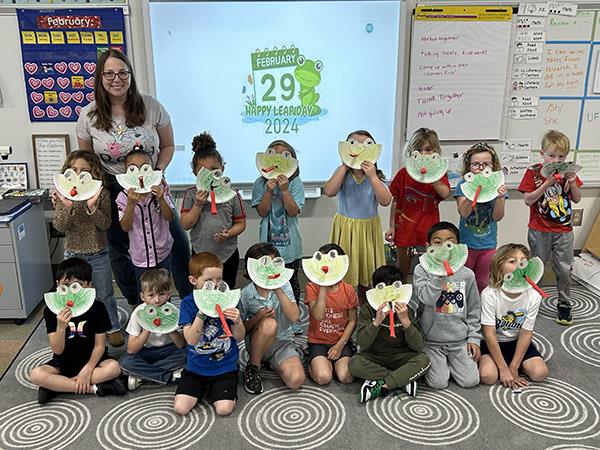 Mrs. Gallace's Kindergarten class at Orange Grove Elementary celebrated Leap Day 2024 thanks to the help of a parent volunteer. 