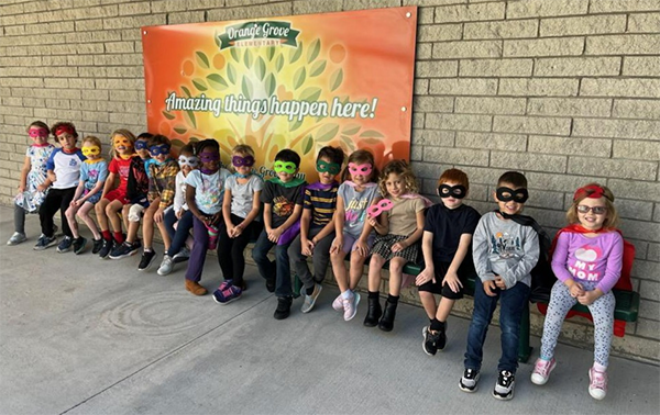 Mrs. Gallace's Kindergarten class at Orange Grove Elementary School celebrated Istation scores by dressing as superheros.