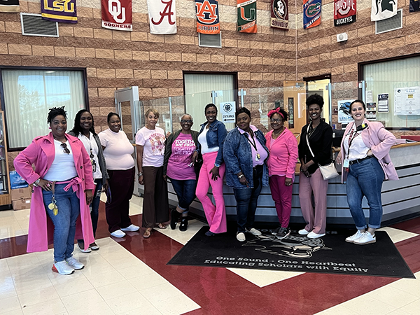 Lealman Innovation Academy staff raise awareness for Breast Cancer Awareness Month. 